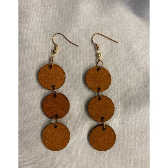 Earrings Dangle Boho Wooden Circle Lightweight Tiered Versatile Casual - Picture 3 of 5